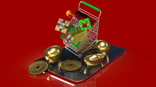 Shopping Cart Chinese Gold Tablet Business Concept Rendering — Stockfoto