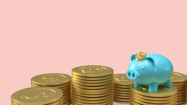 Banco Porquinho Azul Coroa Ouro Moedas Para Economia Conceito Negócio — Fotografia de Stock