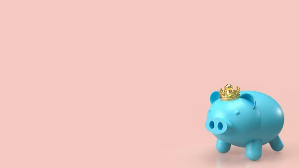 貯蓄やビジネスコンセプトのための青い貯金箱と金冠3Dレンダリング — ストック写真