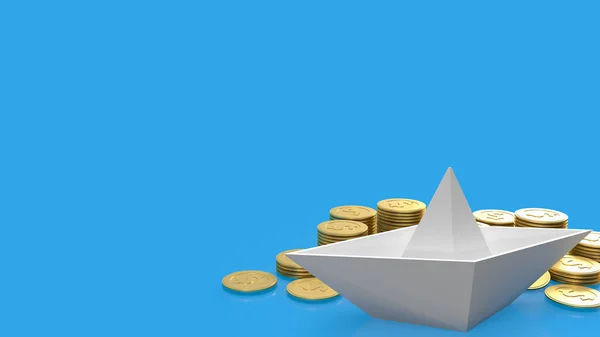 Barco Blanco Monedas Oro Sobre Fondo Azul Para Concepto Negocio — Foto de Stock