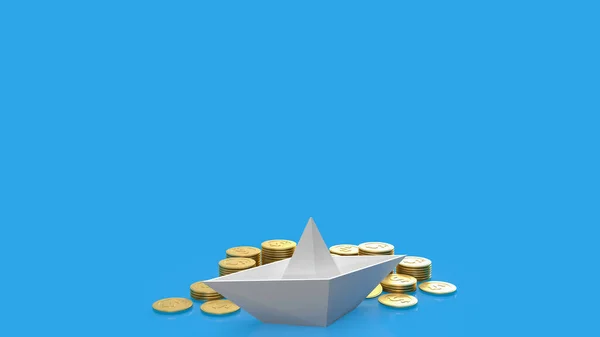 White Boat Gold Coins Blue Background Business Concept Renderin — 图库照片