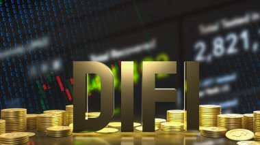 İş konsepti 3D oluşturma için koyu mavi arkaplan içinde altın defi metin ve sikkeler