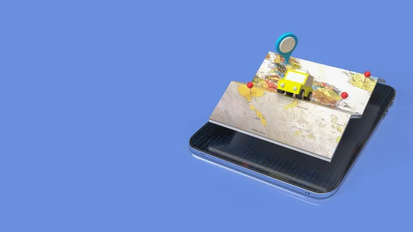 タクシーと地図上のチェックポイント旅行やアプリケーションのコンセプト3Dレンダリング — ストック写真