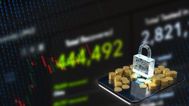 İş konsepti 3d renderin için ana anahtar veya kilit ve altın sikkeler tablet üzerinde