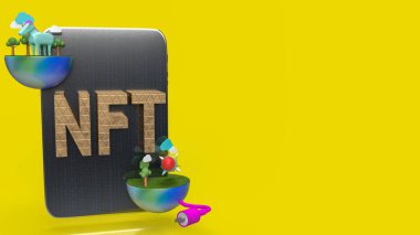 Tablet sarı arkaplan üzerinde altın nft metin 3d oluşturma