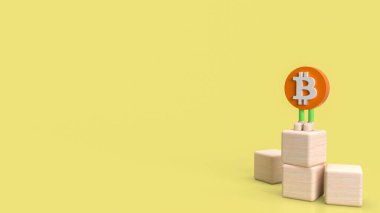 İş veya teknoloji konsepti 3D oluşturma için sarı zemin üzerinde bitcoin sembolü karakteri