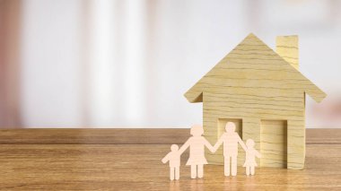 Mülkiyet veya yaşam tarzı konsepti için aile ahşap plakası ve ev 3D görüntüleme
