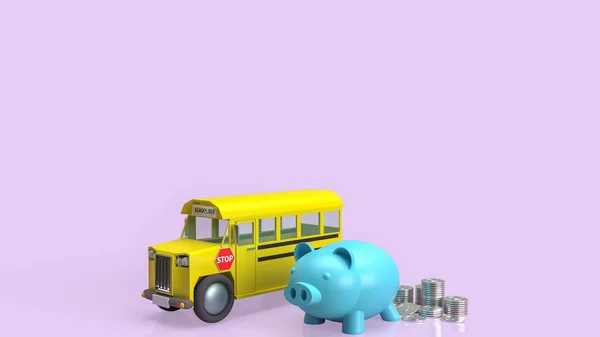 Banco Porquinho Ônibus Escolar Fundo Rosa Para Educação Economia Conceito — Fotografia de Stock