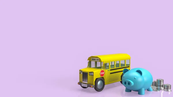 Banco Porquinho Ônibus Escolar Fundo Rosa Para Educação Economia Conceito — Fotografia de Stock