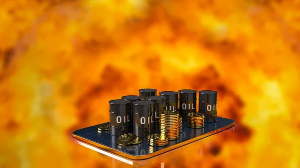 ビジネスやガスの概念のためのタブレット上の石油タンクと金のコイン3Dレンダリング — ストック写真