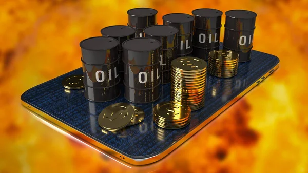 Öltank Und Goldmünzen Auf Tablet Für Geschäfts Oder Gaskonzept Rendering — Stockfoto