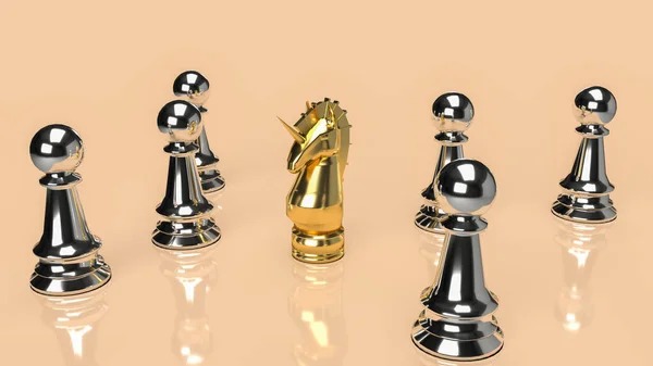ビジネス背景のための金のユニコーンと銀のチェス3Dレンダリング — ストック写真