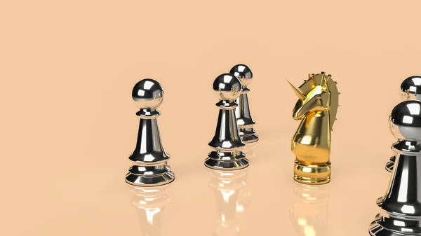 ビジネス背景のための金のユニコーンと銀のチェス3Dレンダリング — ストック写真