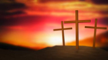 Calvary Dağı 'ndaki Siluet haçı. Gün batımı. Paskalya konsepti 3D.