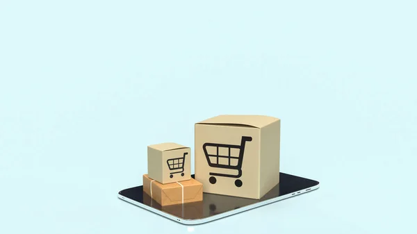 Shopping Box Auf Tablet Für Online Marktkonzept Rendering — Stockfoto