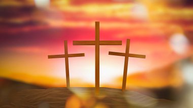 Calvary Dağı 'ndaki Siluet haçı. Gün batımı. Paskalya konsepti 3D.