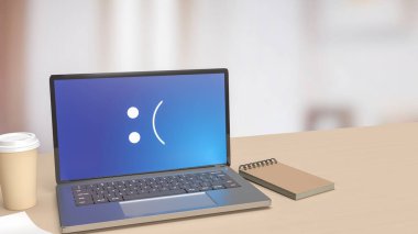 Tahta masadaki dizüstü bilgisayar mavi ekran hatası 3D görüntüleme