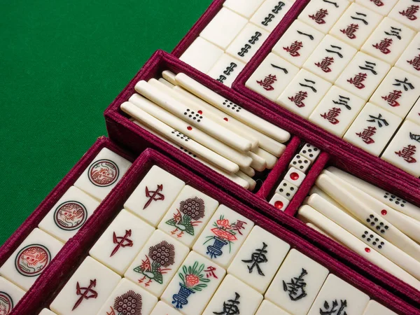 Mahjong Tavolo Antico Asiatico Gioco Tavolo Close Immagine — Foto Stock