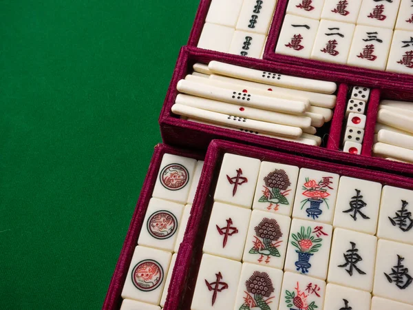 Mahjong Tavolo Antico Asiatico Gioco Tavolo Close Immagine — Foto Stock