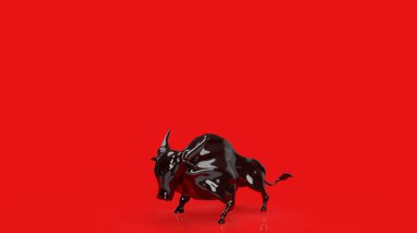 İş konsepti için kırmızı zemin üzerinde siyah boğa 3D renderin