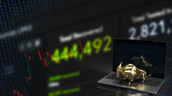 Gold Bull Laptop Business Concept Rendering — Stock Photo, Image