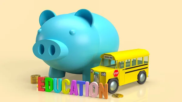 Kék Malac Bank Iskolabusz Kép Megtakarítás Oktatás Renderelés — Stock Fotó