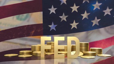 İş konsepti 3D oluşturma için Usa bayrağı arka planında altın metin ve sikkeler