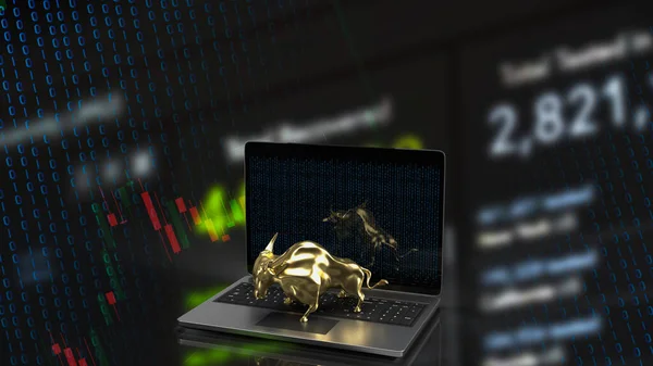 Gold Bull Laptop Business Concept Rendering — Zdjęcie stockowe