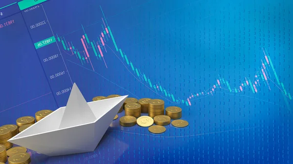 White Paper Boat Gold Coins Business Concept Rendering — Stock Fotó