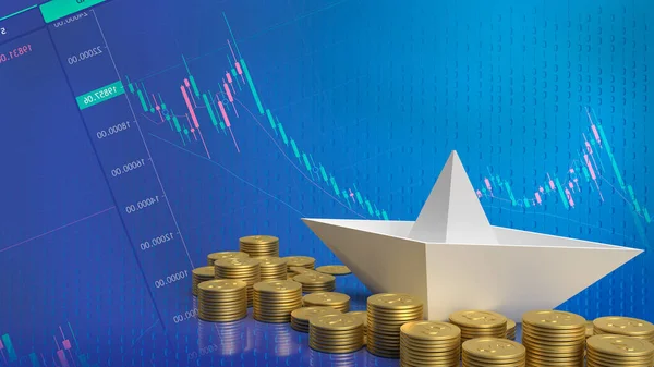 White Paper Boat Gold Coins Business Concept Rendering — Fotografia de Stock