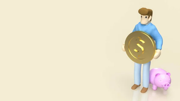 Figure Man Hold Gold Coin Piggy Bank Saving Business Concept — Stok fotoğraf