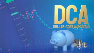 Piggy bank ve Dca veya Dolar Maliyeti için madeni paralar iş arka planında ortalamada 3d