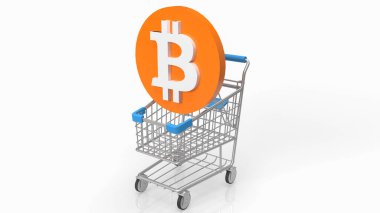 Şifreleme konsepti için beyaz zemin üzerinde alışveriş arabası üzerindeki bitcoin 3D oluşturma