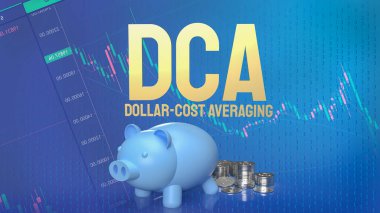Piggy bank ve Dca veya Dolar Maliyeti için madeni paralar iş arka planında ortalamada 3d