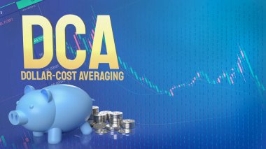 Piggy bank ve Dca veya Dolar Maliyeti için madeni paralar iş arka planında ortalamada 3d
