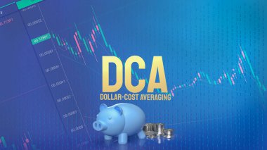 Piggy bank ve Dca veya Dolar Maliyeti için madeni paralar iş arka planında ortalamada 3d