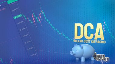 Piggy bank ve Dca veya Dolar Maliyeti için madeni paralar iş arka planında ortalamada 3d