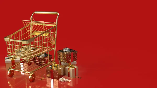 Gold Shopping Cart Gift Box Celebration Business Concept Rendering — Stock Photo, Image