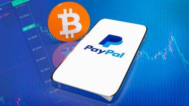 Akıllı telefon PayPal ekranda ve bitcoin 3D görüntüleme. 9 Haziran 2022, Bangkok, Tayland