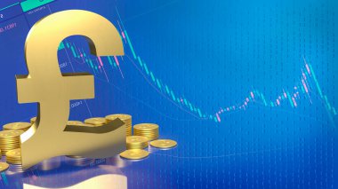 İşletme konsepti 3D görüntüleme için pound sembolü ve altın sikkeler
