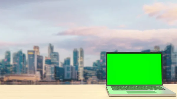 Notebook Display Green Screen Auf Dem Dach Gebäude Für Das — Stockfoto