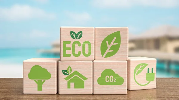 Icono Ecología Cubo Madera Para Concepto Ecológico Natural Renderin —  Fotos de Stock