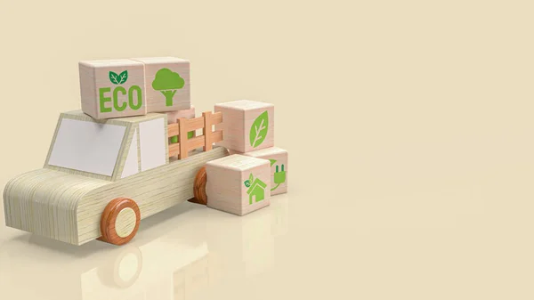 Drewniany Samochód Ciężarowy Symbol Ekologiczny Sześcian Technologii Lub Koncepcji Ekologicznej — Zdjęcie stockowe