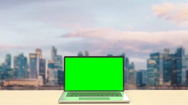 Дисплей Ноутбука Зелений Екран Даху Будівлі Поточної Концепції Рендеринга — стокове фото