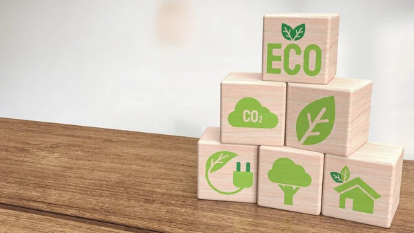 Ökologie Ikone Auf Holzwürfel Für Ökologische Oder Natürliche Renderin — Stockfoto