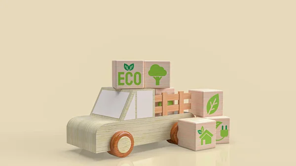 Trä Lastbil Och Miljösymbol Kub För Teknik Eller Ekologiskt Koncept — Stockfoto