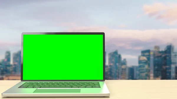 Notebook Display Green Screen Auf Dem Dach Gebäude Für Das — Stockfoto