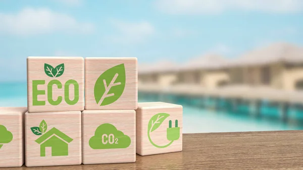 Icône Écologie Sur Cube Bois Pour Concept Écologique Naturel Renderin — Photo
