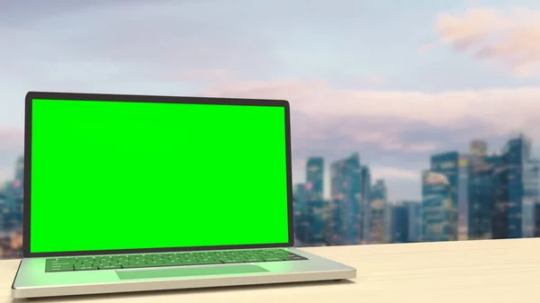 Wyświetlacz Notebooka Zielony Ekran Dachu Budynku Dla Obecnej Koncepcji Renderowania — Zdjęcie stockowe