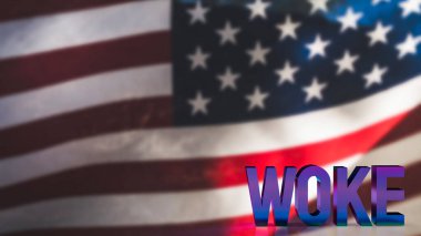 Amerika bayrak arkaplan 3d yorumlama üzerinde uyanık metin